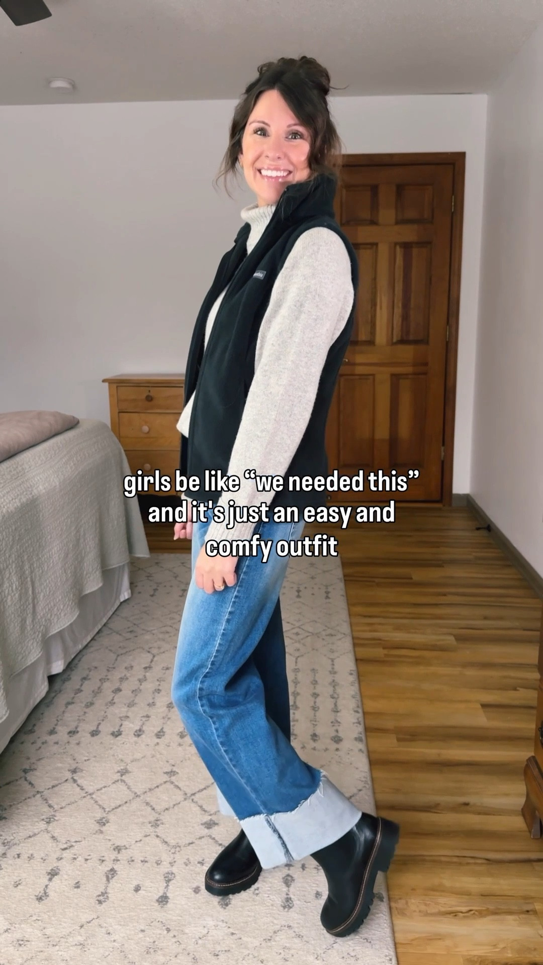 Wearing xs in the sweater (linked a bunch of similar ones too bc sizes are selling out) , 24 in the jeans (mine are medium wash, which is almost sold out, but dark wash is still stocked), and my boots are size 6.5. My fleece vest is size xs petite 



#LTKgrwm #LTKPetite #LTKFindsUnder100