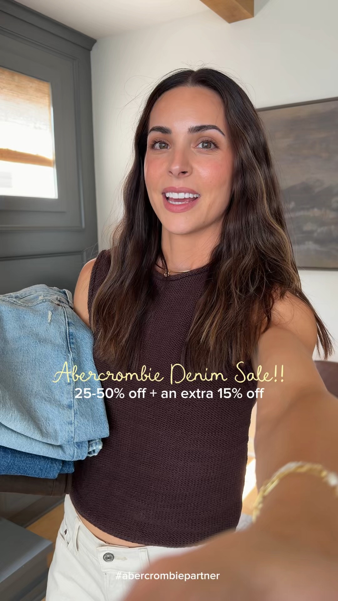 @abercrombie denim refresh! 👖 All denim is 25-50% off + an extra 15% off with stackable code DENIMAF 😍 #abercrombiepartner 

Outfit 1–
Wide leg jeans: true to size (26 long) I’m 5’7”
Cami: size down if between (XS) 

Outfit 2–
Sweater tank: size down if between (XS)
Cream low rise jeans: true to size (26R) 

Outfit 3–
Stripe cardi: sized down (XS) runs big
Straight leg jeans: true to size (26R) 

Outfit 4– 
Flutter sleeve top: true to size (S)
Brown jeans: true to size (26R) 

Outfit 5–
Tank: true to size (S)
Barrel jeans: true to size (26L)


 *Offer valid online only August 5, 2026 to August 10, 2026 in US/CA. Excludes clearance. Online price reflects discount. Extra 20% Off: *Offer valid in stores and online August 5, 2026 to August 10, 2026 in US/CA. Exclusions apply as indicated. Online price reflects discount. Promo Code: *Use code DENIMAF to get an additional 15% off almost everything in stores and online at checkout from August 5, 2026 to August 10, 2026 in US/CA. Exclusions apply. See details online.

#LTKSaleAlert #LTKootd #LTKgrwm