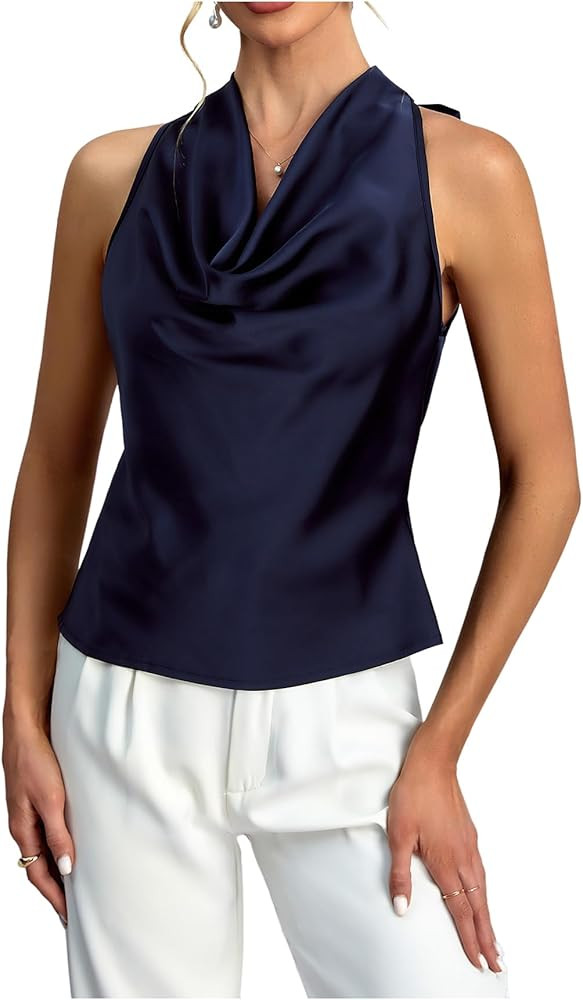 Women's Cowl Neck Halter Tops Sleeveless Tie Back Elegant Going Out Satin Blouses | Amazon (US)