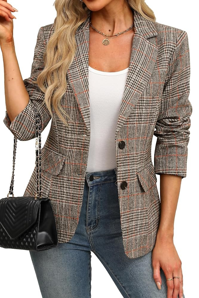ELLEVEN Women's Lapel Collar Plaid 2 Button Boyfriend Blazer Suit Houndstooth Work Office Blazer ... | Amazon (US)