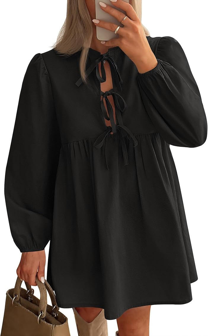 ZESICA Women's Dress Fall Long Puff Sleeve Self Tie Front Babydoll A Line Pleated Cute Mini Tunic Dresses 2024 | Amazon (US)