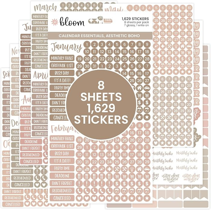 bloom daily planners Muted Neutrals Calendar Essentials Planner Stickers - 8 Sheets, 1629 Sticker... | Amazon (US)