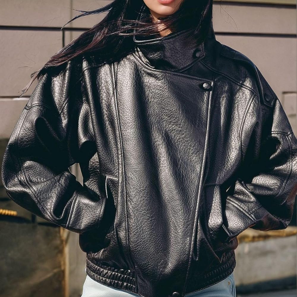 FindThy Women’s Oversized Faux Leather Jacket Casual High Collar Long Sleeve Zip Up Fall Fashio... | Amazon (US)