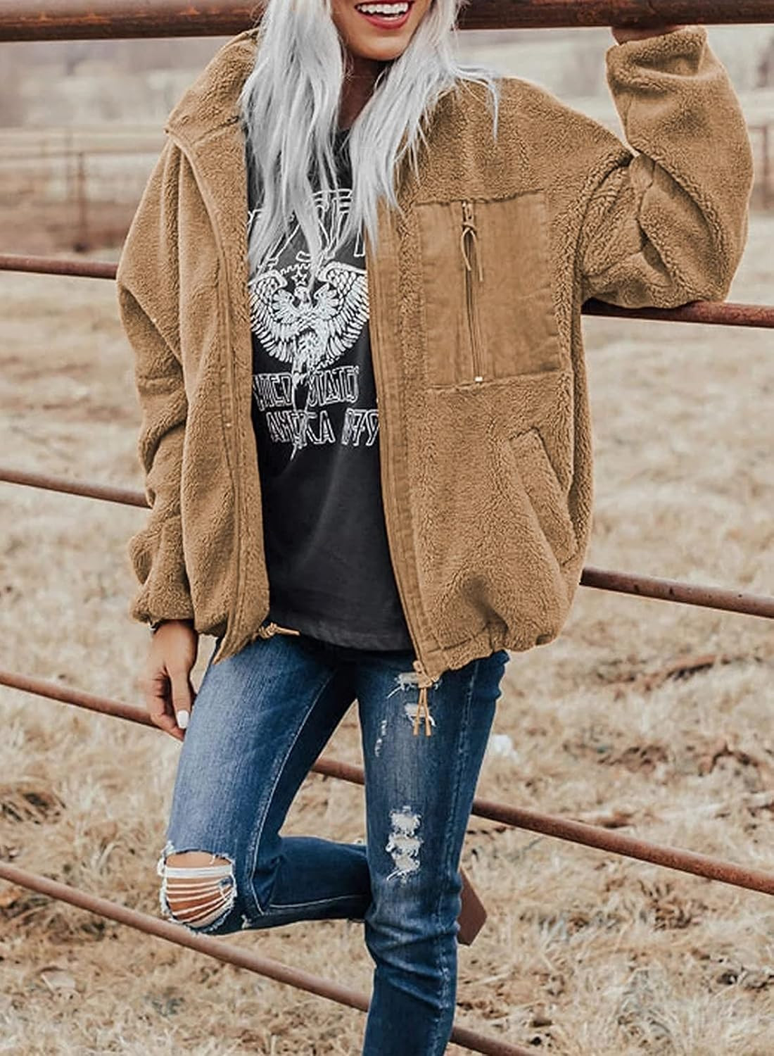 BTFBM Women Long Sleeve Full Zip Jackets Casual Solid Color Loose Soft Fleece Fuzzy Short Teddy C... | Amazon (US)