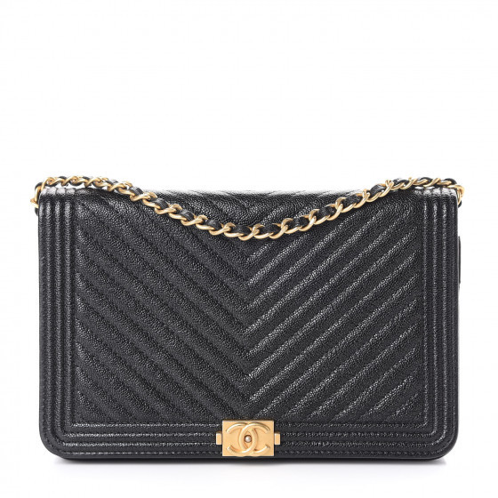 CHANEL Caviar Chevron Quilted Boy Wallet On Chain WOC Black | Fashionphile