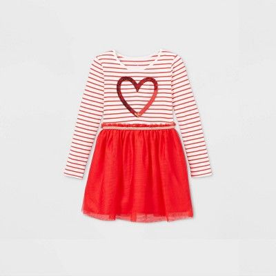 Girls' Striped Heart Long Sleeve Tulle Dress - Cat & Jack™ Red | Target