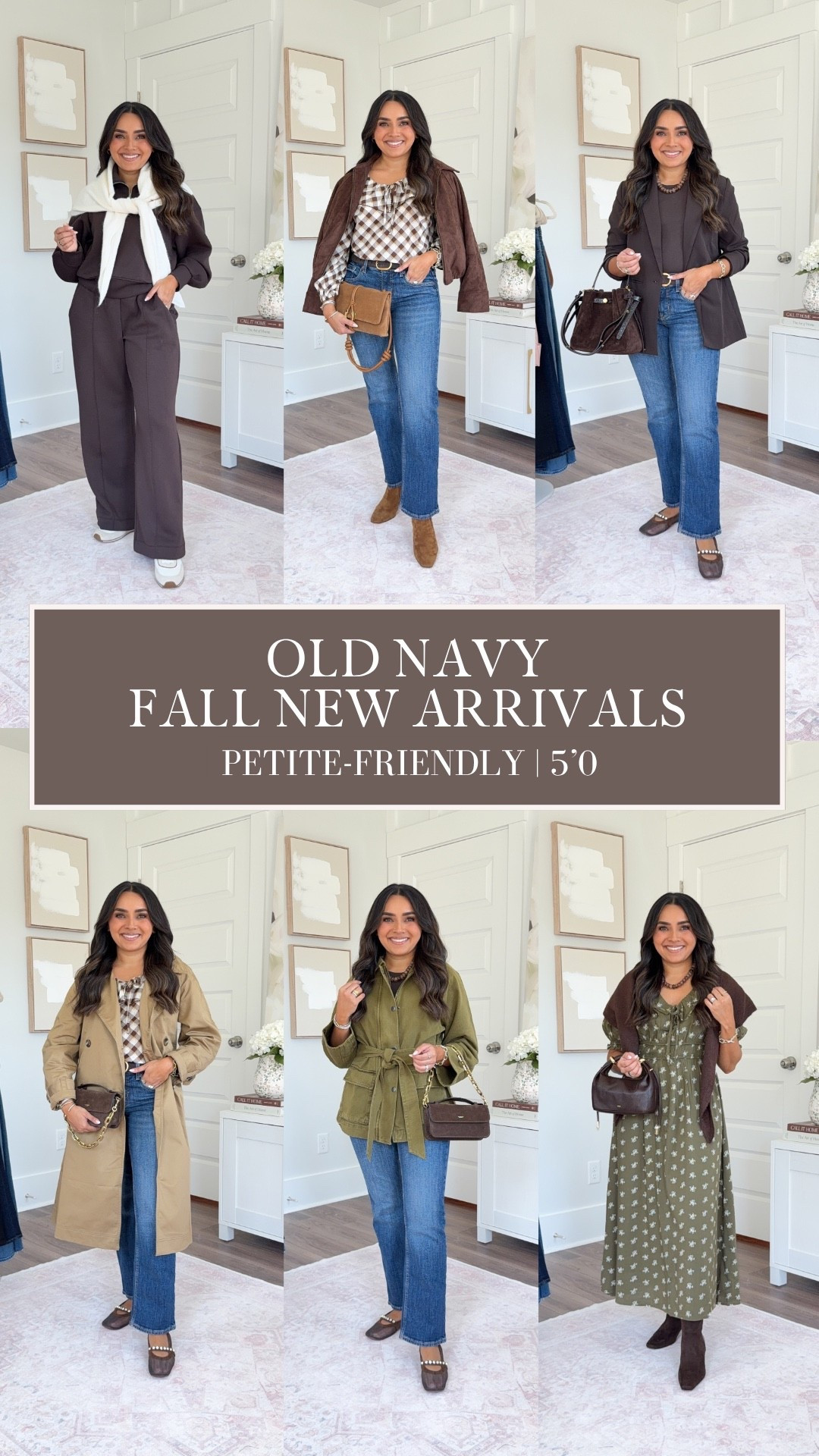 Old Navy Fall Outfits!
For reference: I’m 5’0, petite, 32b bra size, and 2/26 in bottoms, pear shaped. 
*Everything I share is unaltered! TTS means true to size. Between size 5-6.5 in shoes

Brown (black coffee) pullover size xs petite TTS
Brown (black coffee) flare pants size small petite - I have a little room in the waist
White tank size xs petite TTS
Sneakers size 6.5 TTS

Brown plaid top size xs petite TTS
Mid rise straight jeans button fly dark wash size 2 petite TTS
Tan Elmwood suede boots size 5.5 TTS
Dark brown belt size 27-31”
Dark brown suede jacket size xs petite TTS

Brown (black coffee) tee size xs petite TTS
Brown (black coffee) tank size xs petite TTS

Brown (black coffee) long sleeve top size xs petite TTS
Brown (black coffee) blazer size xs petite TTS
Brown mesh flats size 5.5 TTS

Olive green fern jacket sizer xs petite TTS


Green floral dress size xs petite TTS
Brown tall boots size 6 TTS


Fall fashion haul
Affordable outfits
Petite style
Fall outfit
Fall dresses

#LTKPetite #LTKSaleAlert #LTKgrwm