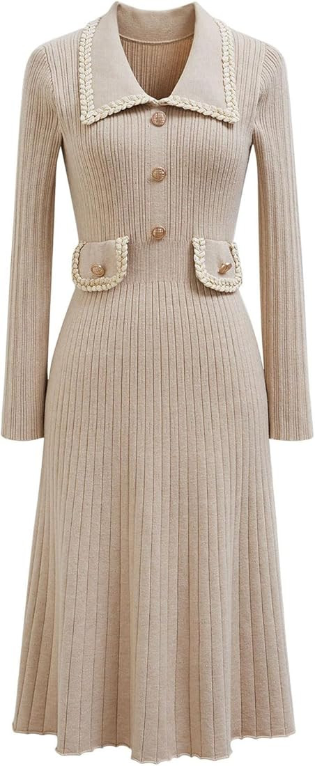 CHICWISH Midi Sweater Dress for Women Collared Braided Edge Long Sleeve Knit Dresses Fall Winter ... | Amazon (US)