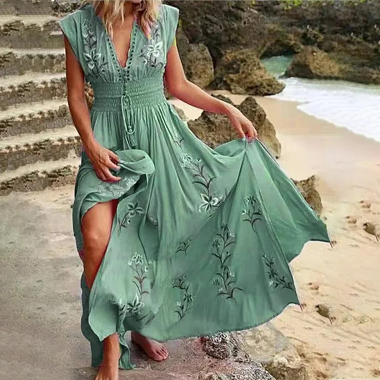 Yuwull Hawaiian Summer Maxi Dresses Tunic Holiday Dresses For Women Floral Print Side Split Long ... | Walmart (US)