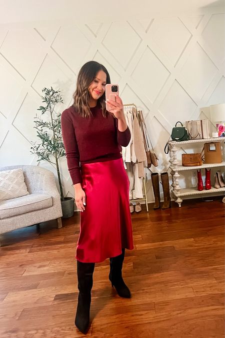 Holiday outfit idea - satin skirt and cashmere sweater - knee high boots - Christmas outfits 

#LTKHoliday #LTKover40 #LTKfindsunder100