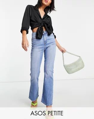 ASOS DESIGN Petite high rise 'Y2K' stretch flare jeans in midwash | ASOS (Global)