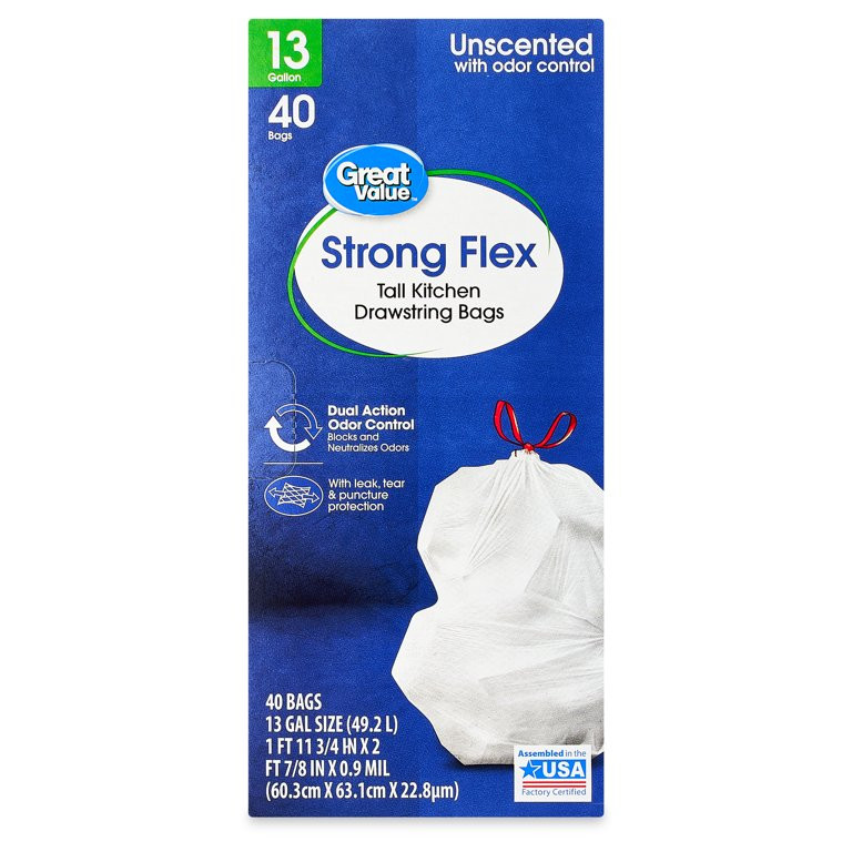 Great Value Strong Flex Tall Kitchen Drawstring Bags, Unscented, 13 Gallon, 40 Count | Walmart (US)