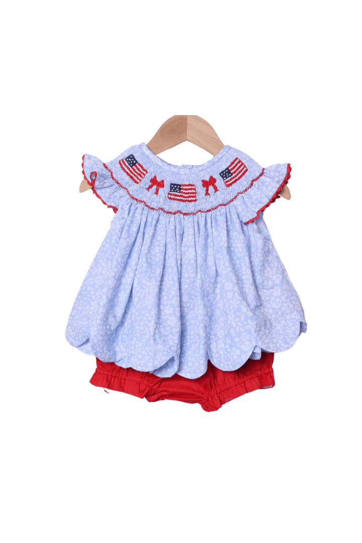Smocked Flag and Blue Floral Bloomer Set | The Smocked Flamingo