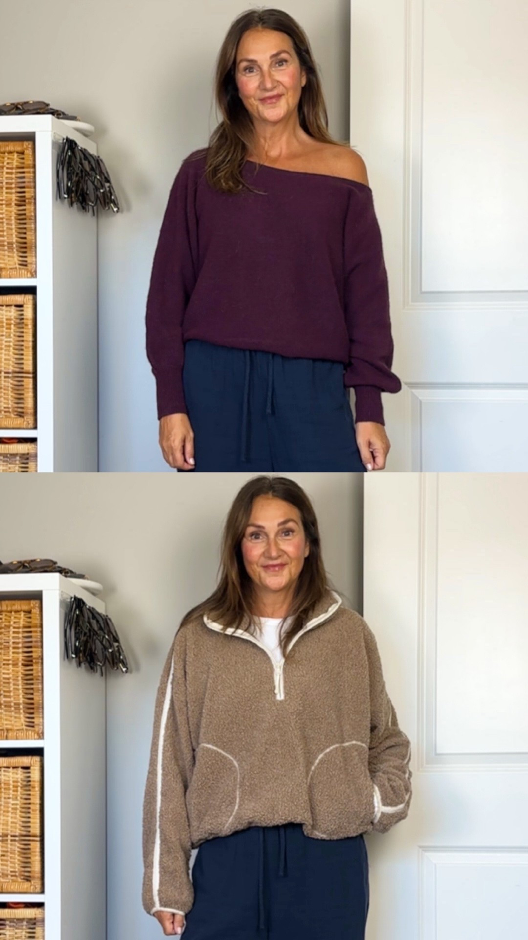 Two tops for fall!
Top: cashmere blend off the shoulder sweater from Aritzia, I sized up to M, I’d recommend getting your usual size. Lots of colors available 
Bottom: the viral Old Navy fleece that sold out last fall is back! I’m wearing L cause that was the only size left when I got mine last September but it’s full stocked in lots of fall colors. Fits tts

#LTKcanada #LTKfall #LTKover50style