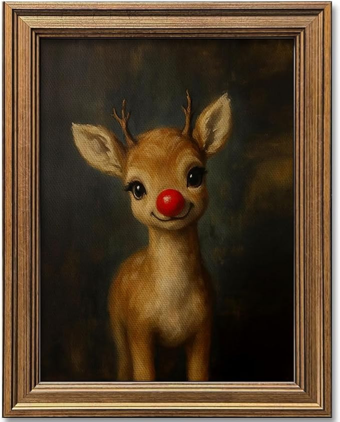 Vintage Christmas Wall Art Decor Gold Framed Art Funny Clown Reindeer Picture Painting for Home L... | Amazon (US)