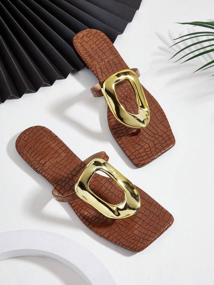 Party, Vacation, Leisure Stone Brown Square Toe Metal Buckle Flip Flops Flat Sandals | SHEIN