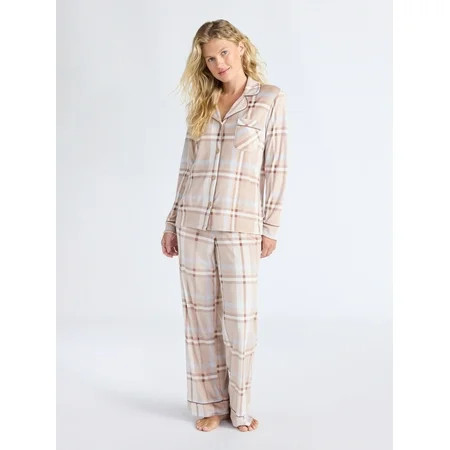 Joyspun Women’s Stretch Velour Notch Collar Long Sleeve Pajama Set, Sizes XS to 4X | Walmart (US)