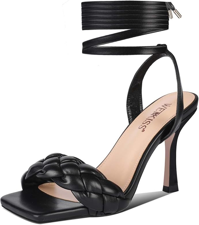WETKISS Lace Up Heels Braided Sandals for Women, Sexy Stiletto High Heeled Stripper Heels Square Ope | Amazon (US)