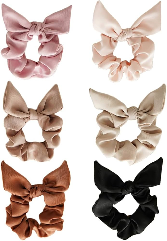 Satin Silk Bunny Ear Scrunchies for Women, 6 Count Solid Color Hair Bands Bow Hair Ties | Amazon (US)