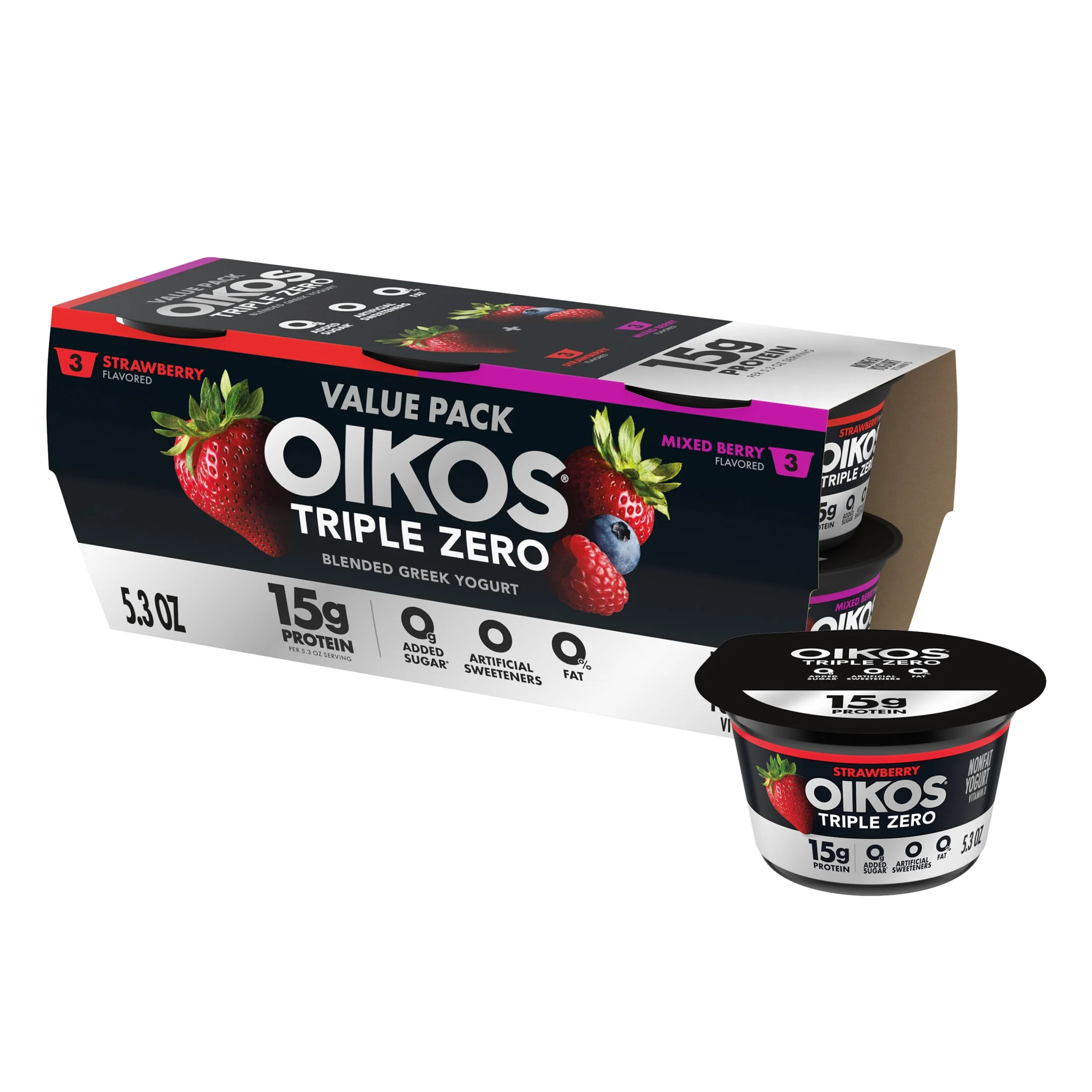 Oikos Triple Zero Strawberry and Mixed Berry 0g Added Sugar Fat Free Greek Yogurt, 5.3 oz, 6 Coun... | Walmart (US)