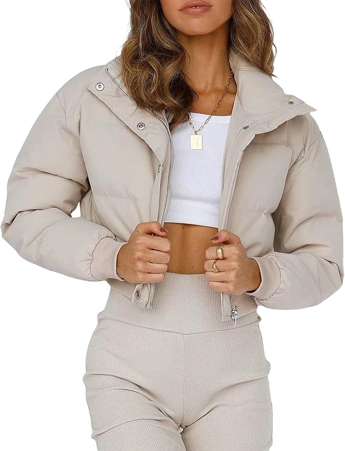 UANEO Womens Cropped Puffer Jacket Stand Collar Zip Up Winter Padded Down Coats (Khaki-M) at Amaz... | Amazon (US)