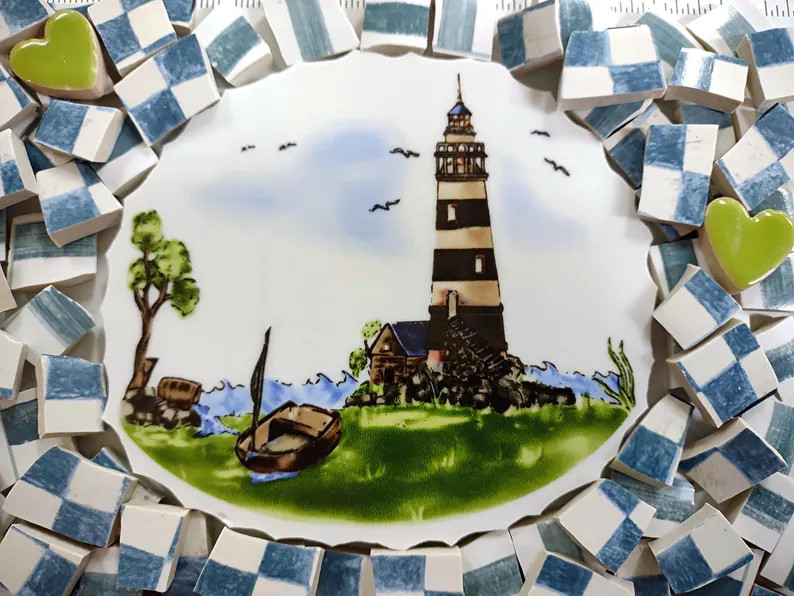 Ocean Lighthouse Scene Focal With Blue and White Tiles - Broken China Mosaic Tiles - Etsy | Etsy (Global)