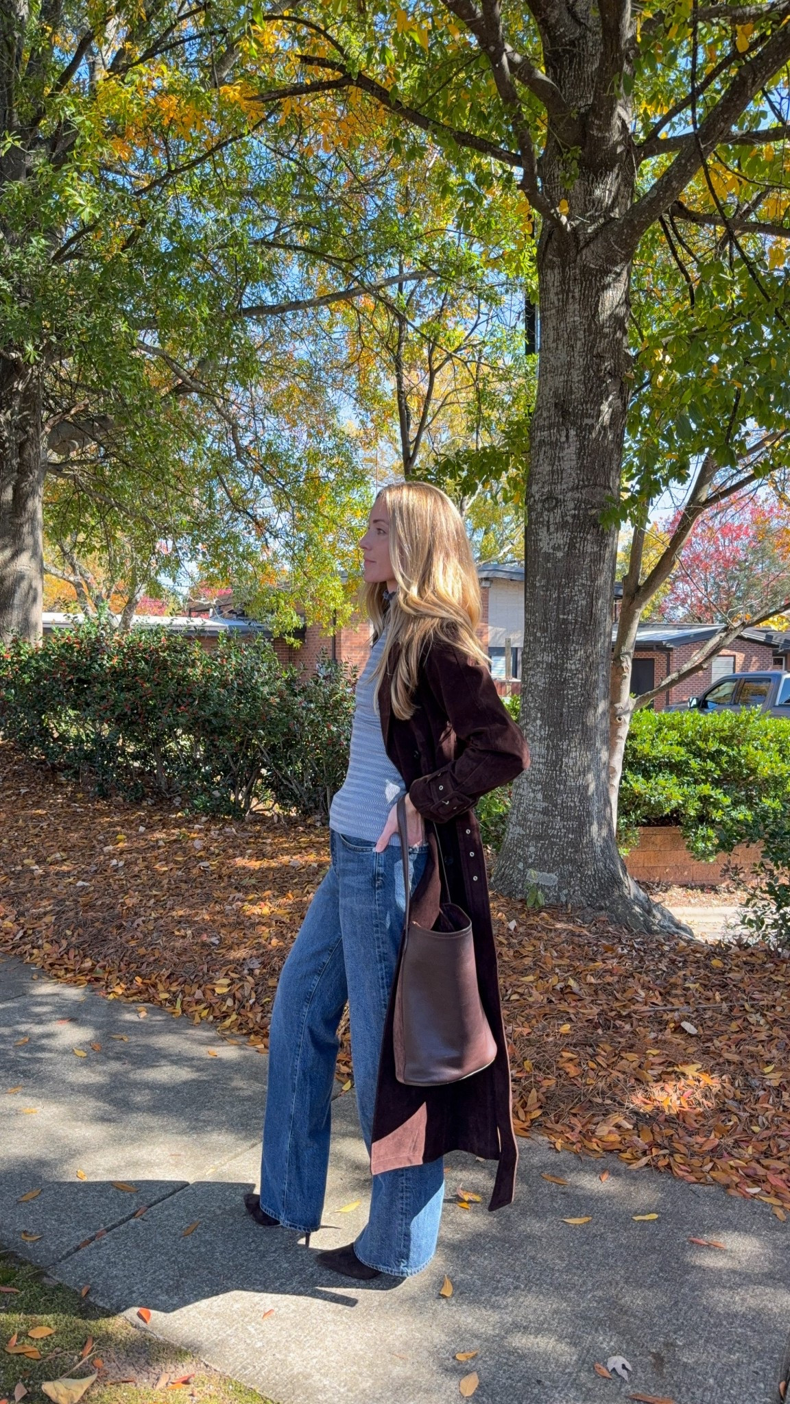 Love this look for holiday shopping, lunch with friends, or day to night! Wearing S in brown suede coat, S in sweater, take your smaller size in jeans, shoes run TTS and are so comfortable!

Brown trench coat, November outfit, fall outfit, brown coat, relaxed jeans

#LTKSeasonal
