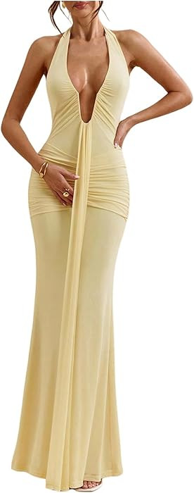 SweatyRocks Women's Halter Sexy Deep V Neck Backless Bodycon Cocktail Dress | Amazon (US)