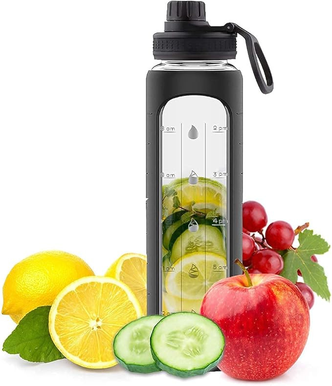 32 oz Glass Water Bottle with Time Marker and Black Silicone Sleeve - EXTRA LID, Motivational Gla... | Amazon (US)