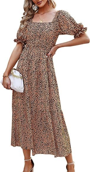Angashion Women's Summer Maxi Dress Smocked Short Puff Sleeves Square Neck Tiered Long Flowy Dres... | Amazon (US)