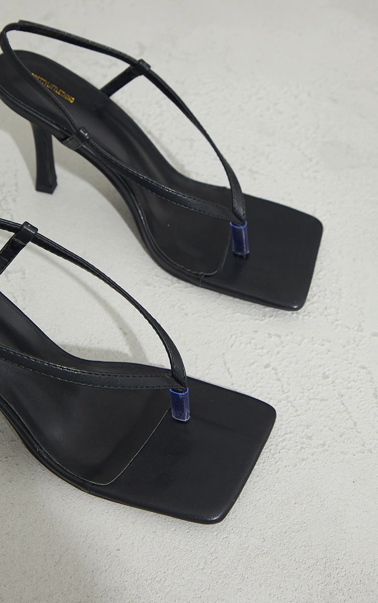 Black Pu Square Toe Thong Slingback Heels | PrettyLittleThing US