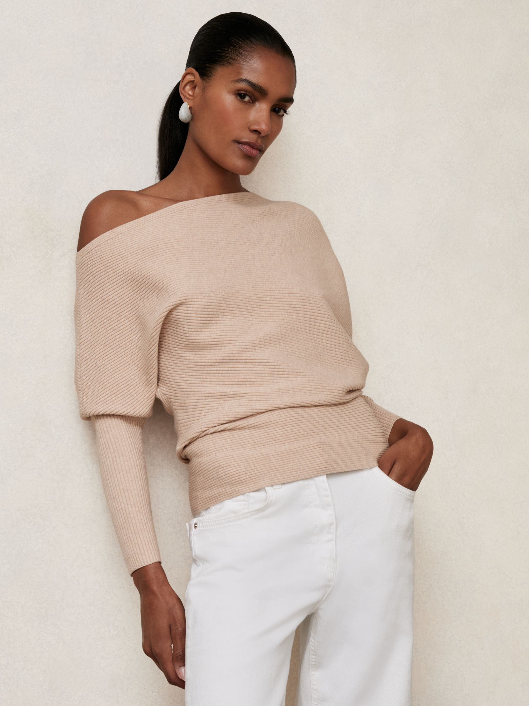 Asymmetric Draped Knitted Jumper in Oatmeal Neutral | Reiss US