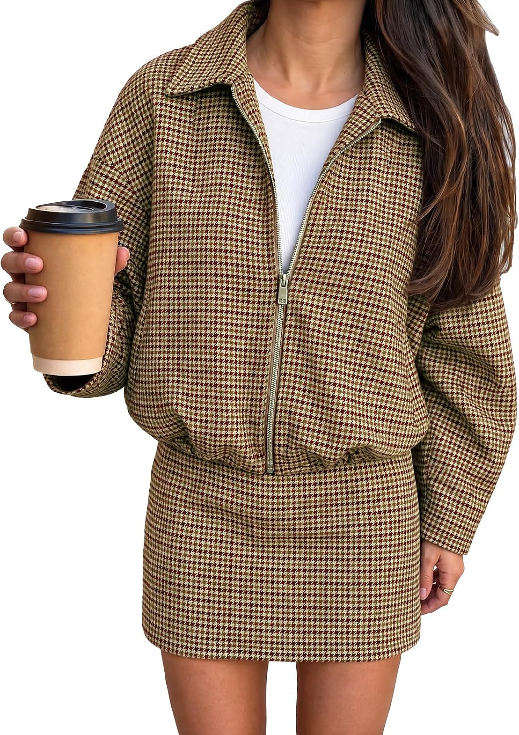 Tankaneo Womens Plaid 2 Piece Skirt Sets Bomber Jackets Skirts Matching Set | Amazon (US)