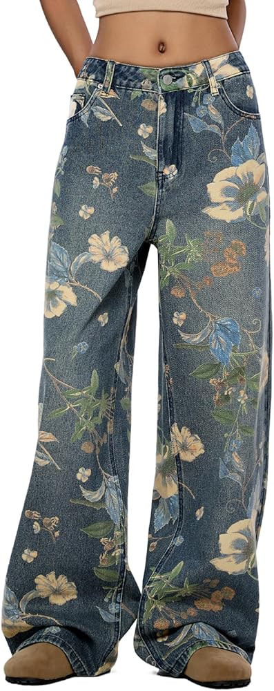 Women's High Waisted Wide Leg Jeans Flower Printed Straight Leg Baggy Jeans High Rise Loose Boyfr... | Amazon (US)