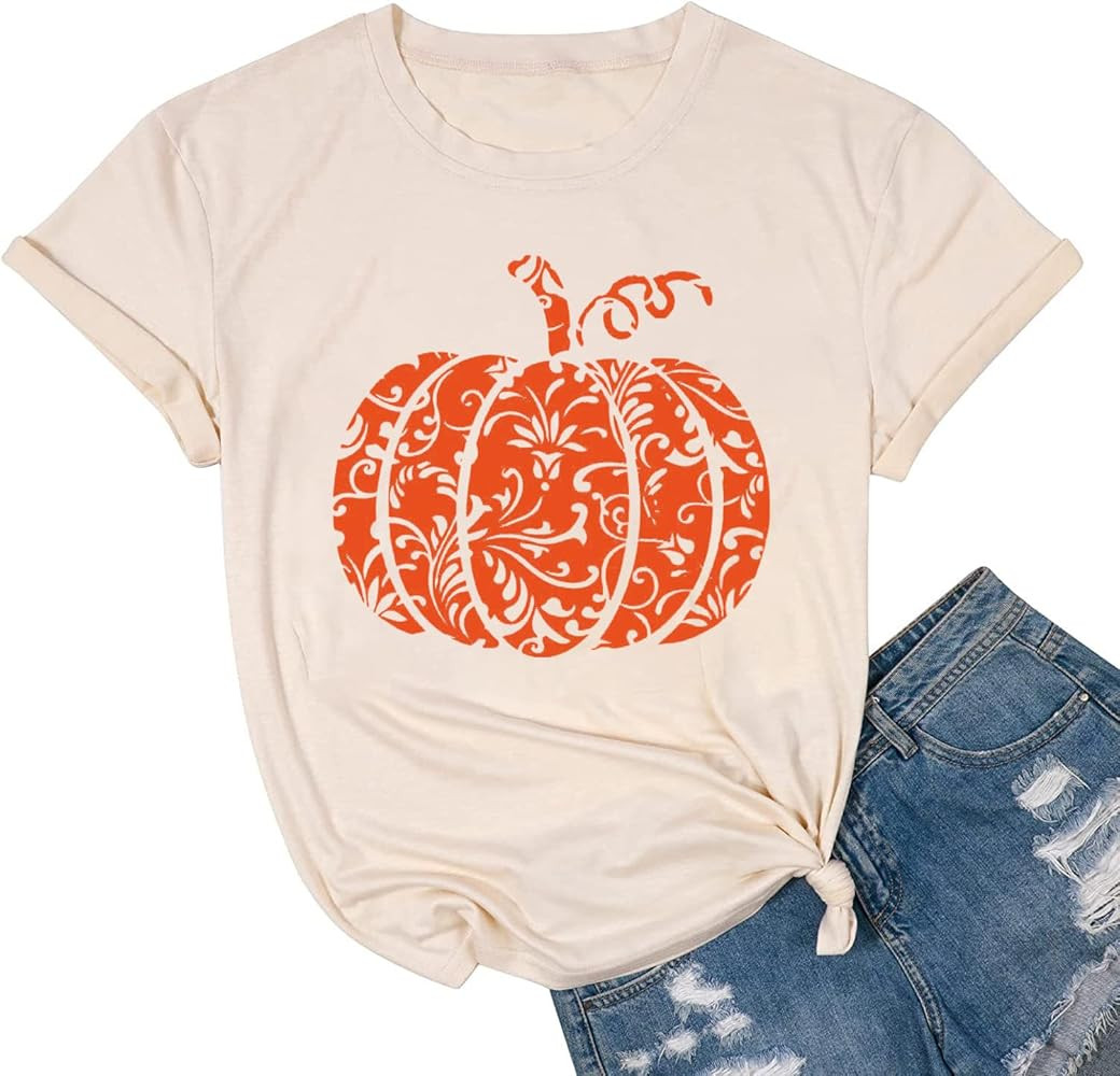 Halloween Shirts for Women Leopard Pumpkin Shirts Cute Fall Short Sleeve Graphic Tee Tops | Amazon (US)