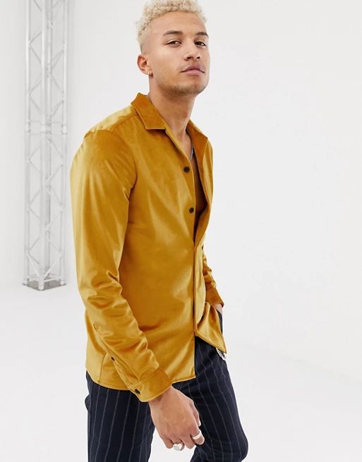 ASOS DESIGN regular fit revere velour shirt mustard | ASOS US