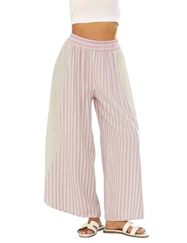 Athlisan Womens Summer Casual Loose Striped Wide Leg Lounge Pants Elastic Waist Palazzo Trousers(Pink-XL) | Amazon (US)