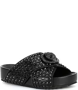 Kurt Geiger London Chelsea Stud Embellished Microsuede Logo Ornament Cross Strap Slide Sandals - 36(6) | Dillard's
