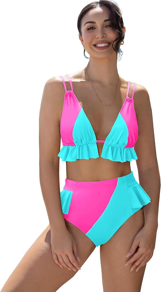 SPORLIKE Women High Waisted Swimsuit Ruffle V Neck Bikini Two Pieces Swimwear | Amazon (US)