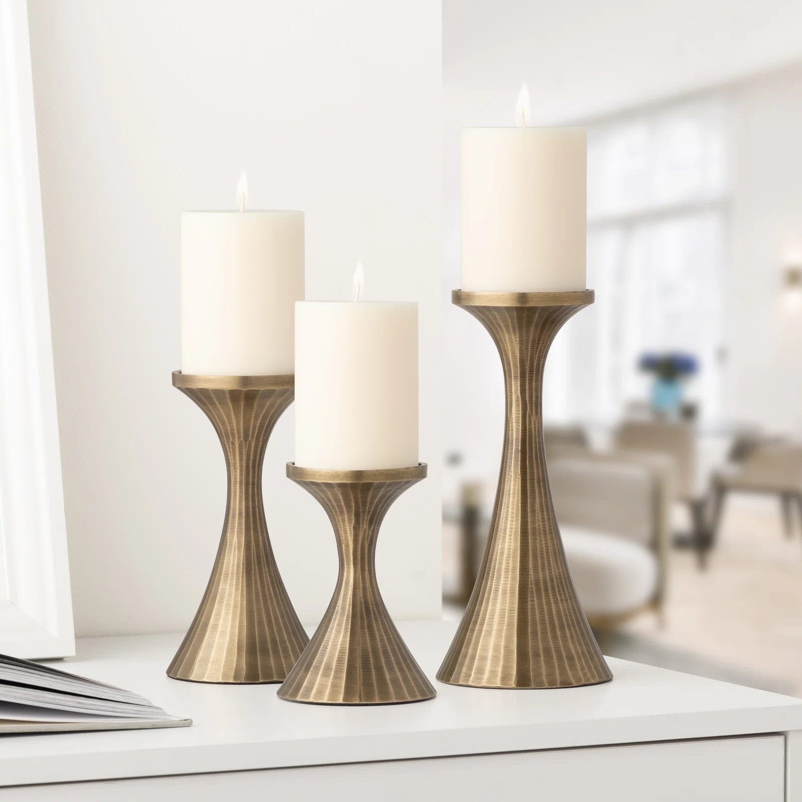Tomar 3 Piece Tiered Brushed Metal Pillar Candleholders Set | Wayfair North America