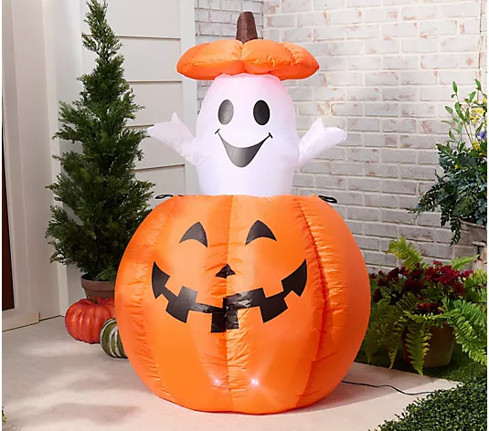 Hay & Harvest 48" Inflatable Peek-A-Boo Ghost with Jack-O-Lantern | QVC