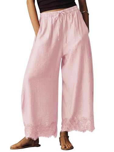 EXLURA Women Cotton Lace Trim Wide Leg Pants Summer Casual Cropped Drawstring Elastic Waist Light... | Amazon (US)