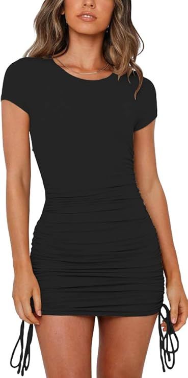 NENONA Women's Short Sleeve Summer Ruched Bodycon Mini Dress Side Drawstring Clubwear Casual Dres... | Amazon (US)