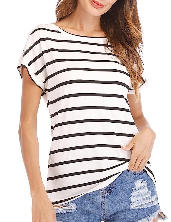 Haola Women's Striped Tops Summer Casual Round Neck Short Sleeve Blouse T-Shirt (S-3XL) | Amazon (US)
