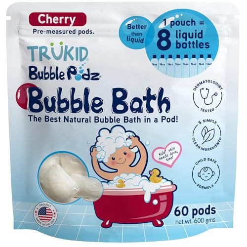 TruKid Bubble Podz Bubble Bath for Kids, Toddlers, & Babies, Tear Free Gentle & Refreshing Bath Bomb for Sensitive Skin with Natural Moisturizers, Non-Toxic, pH Balanced, Cherry Scent (60 Podz) | Amazon (US)