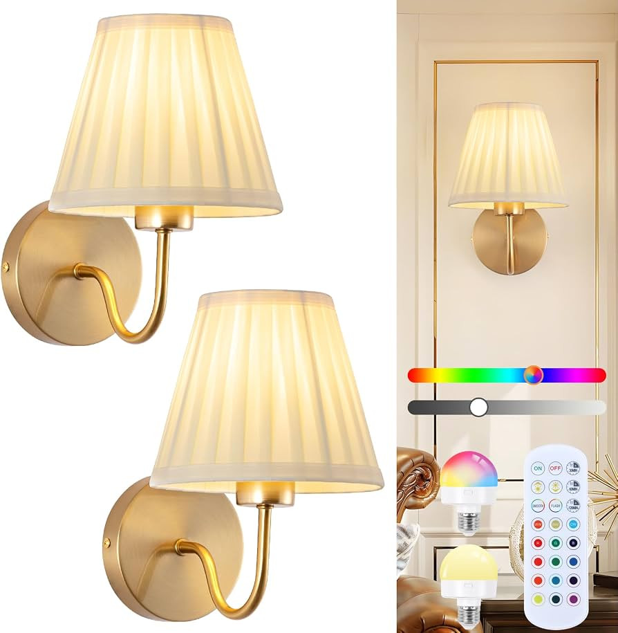 Vintage Battery Operated Wall Sconces Set of 2, Pleated Fabric Shade Gold Wall Lamp with Remote C... | Amazon (US)