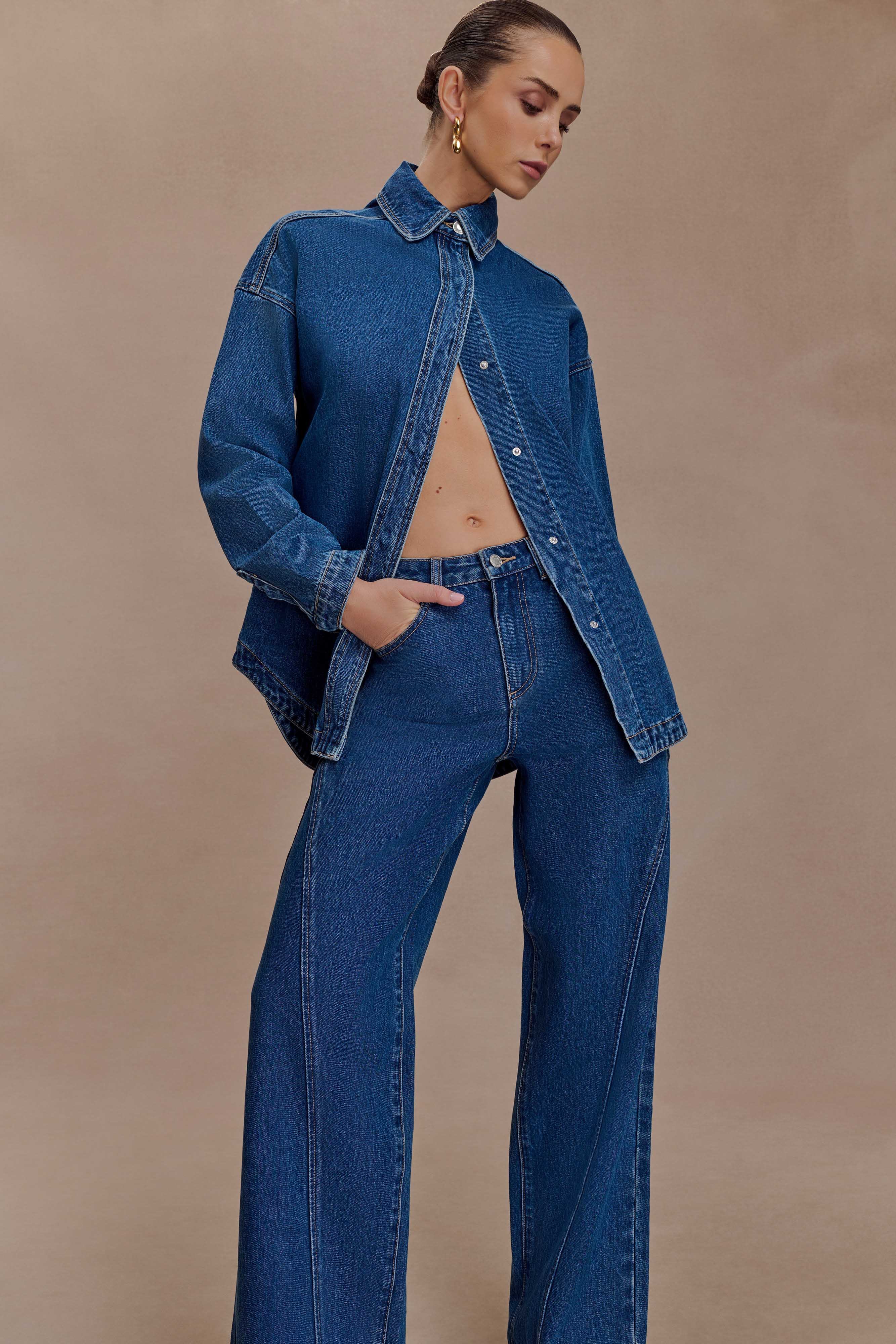 Lioda Oversized Denim Shirt - Dark Blue | MESHKI US