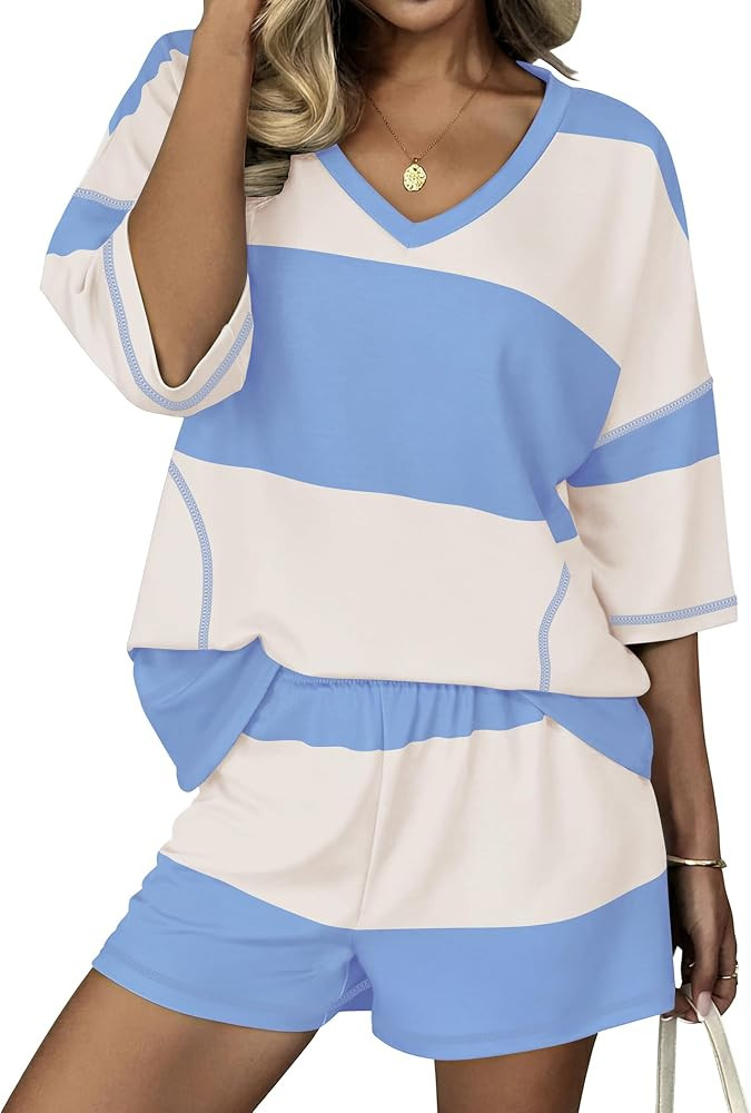 Ekouaer Two Piece Sets for Women Summer Lounge Sets 2026 Striped Shirts and Shorts Set Oversized ... | Amazon (US)