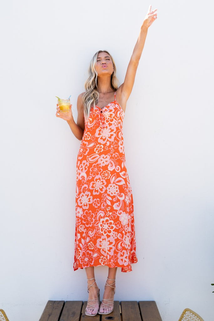 Flirting With Destiny Orange Floral Print Maxi Dress | Red Dress 