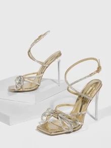 CUCCOO Baddie Collection Snakeskin Embossed Rhinestone & Bow Decor Ankle Strap Sandals SKU: sx221... | SHEIN